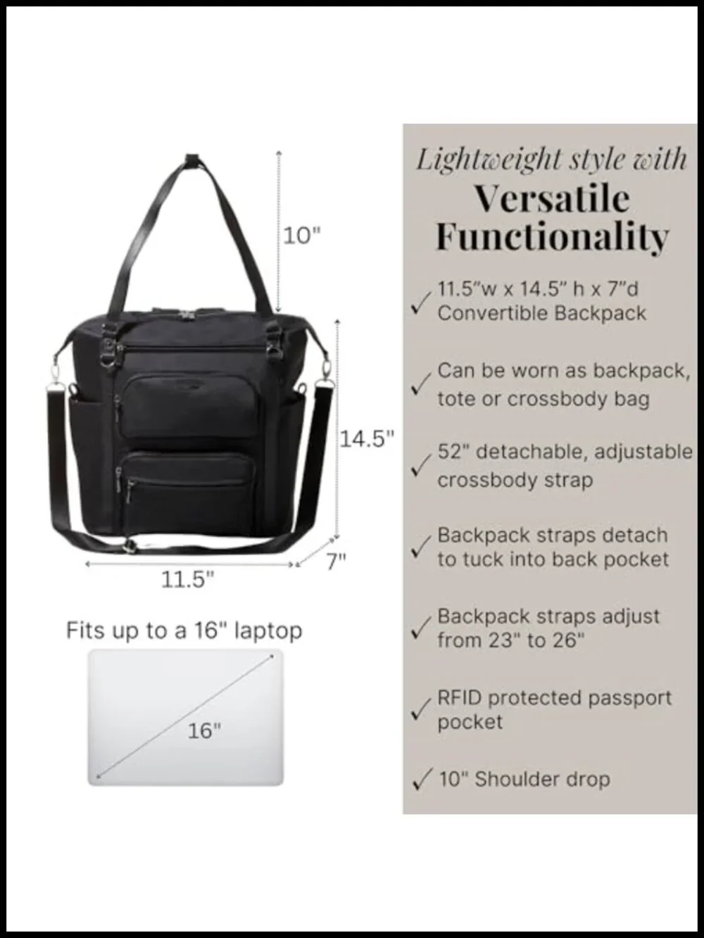 Convertible Backpack Tote Crossbody Bag with RFID Tech Laptop Sleeve